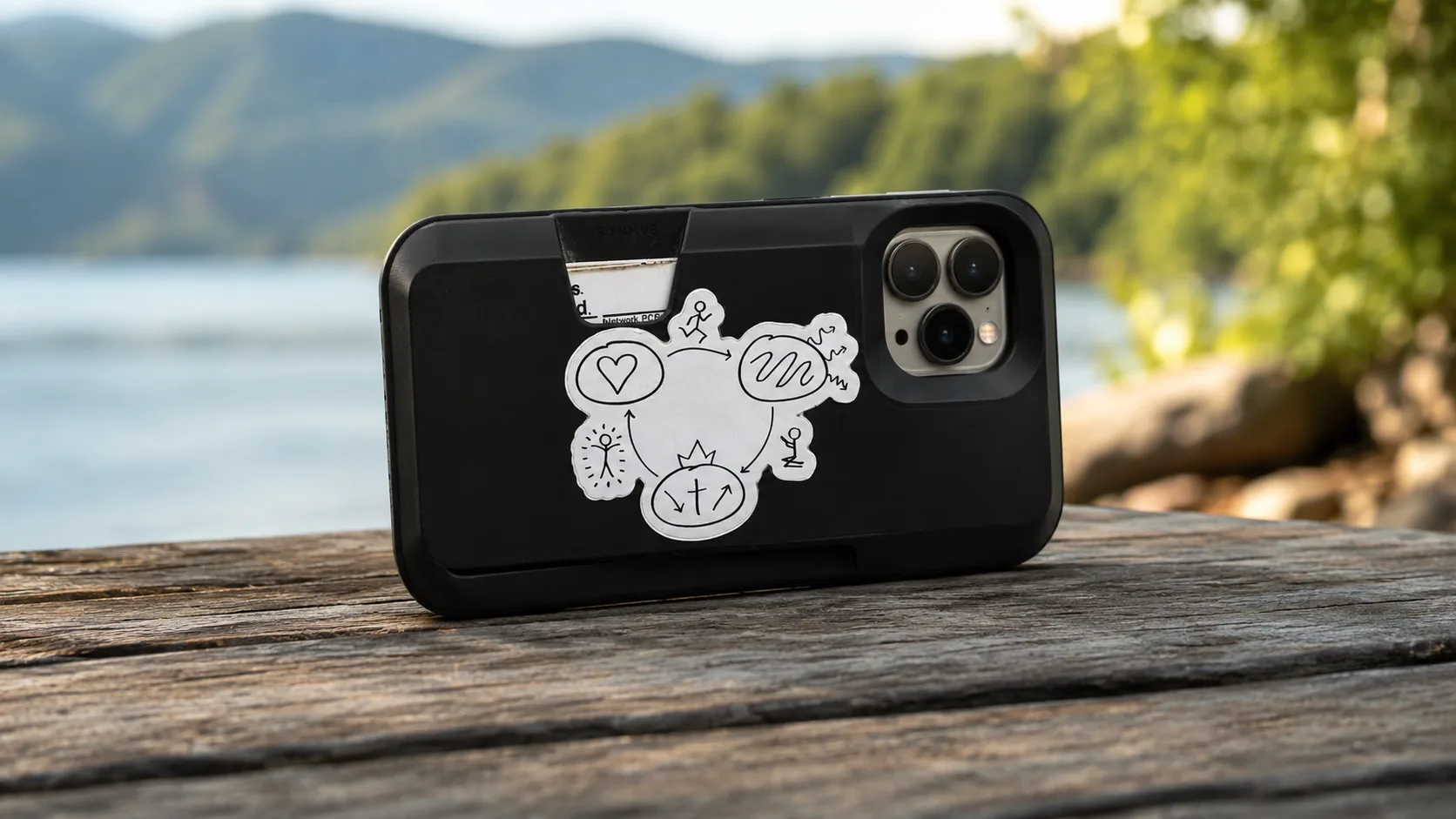 A 3 Circles sticker on the back of a phone case, propped on a weathered dock by a lake