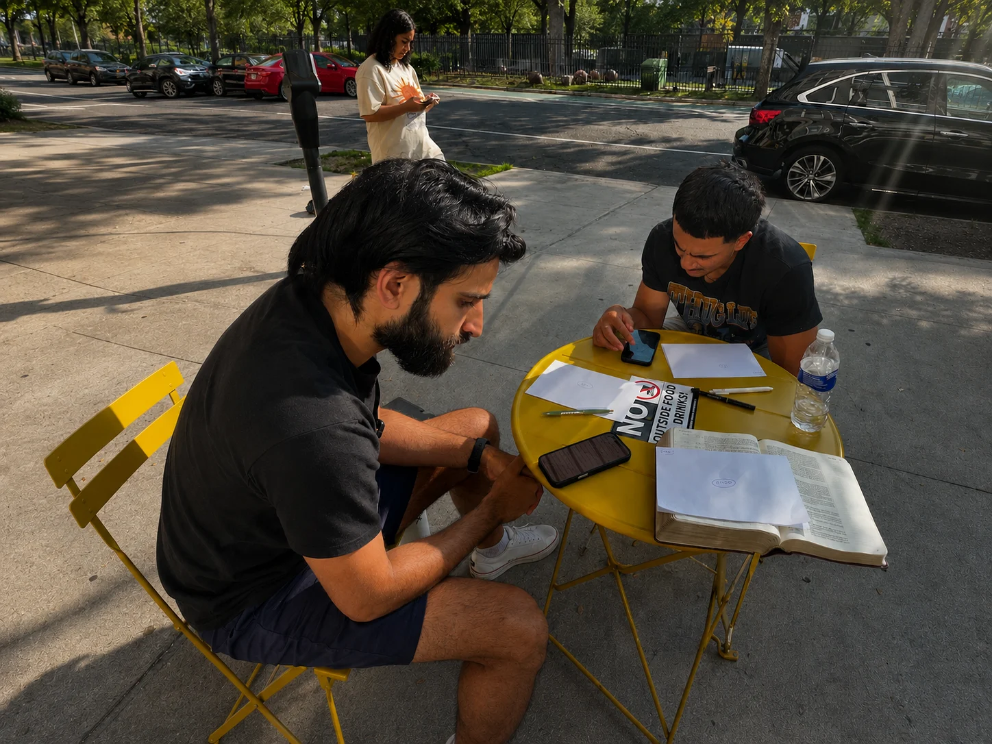 Two men sit at a small yellow table on a city sidewalk, an open Bible and papers between them, reading together.