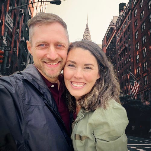 Mark Goering with his wife, Megan, on a street in New York City