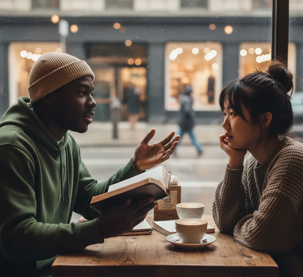 Man holding a Bible and gesturing while sharing the gospel with a woman listening attentively at a coffee shop table