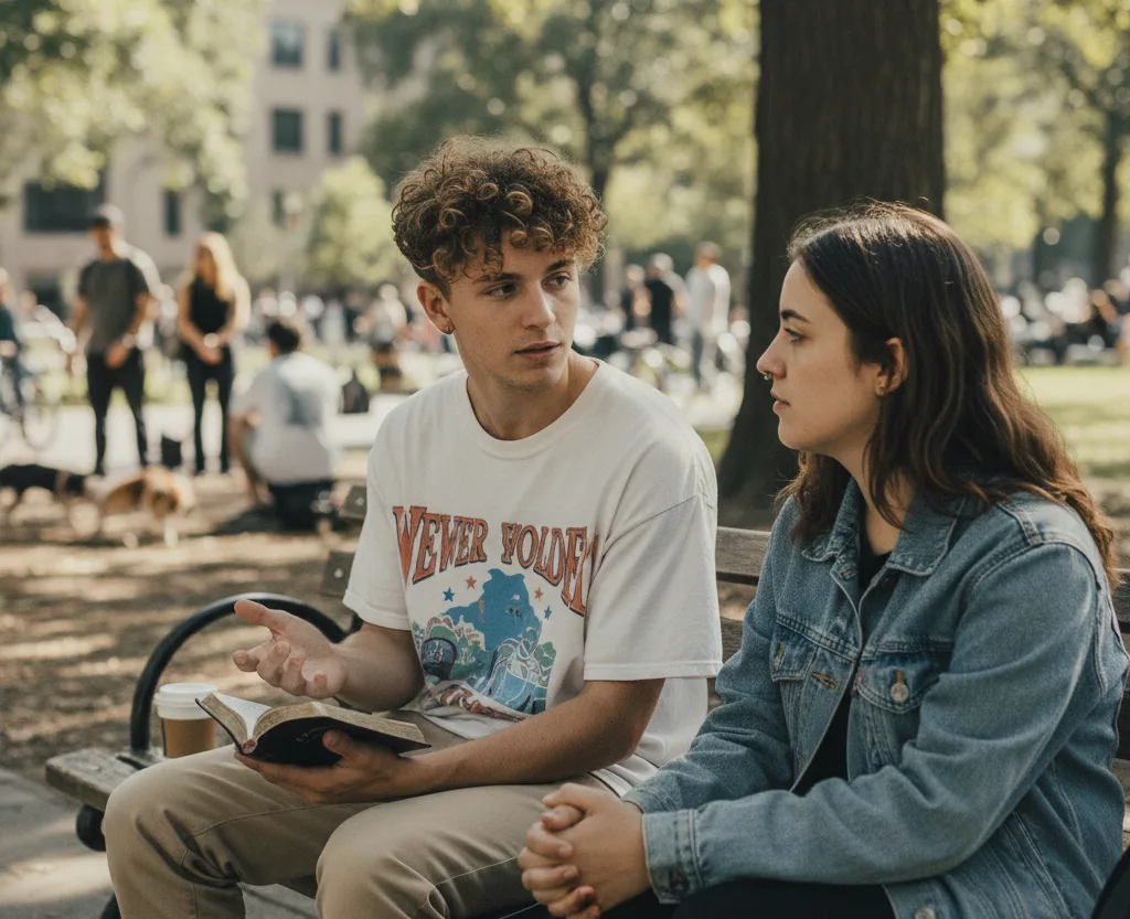 Two young people talking on a park bench, one holding an open Bible and gesturing as he speaks